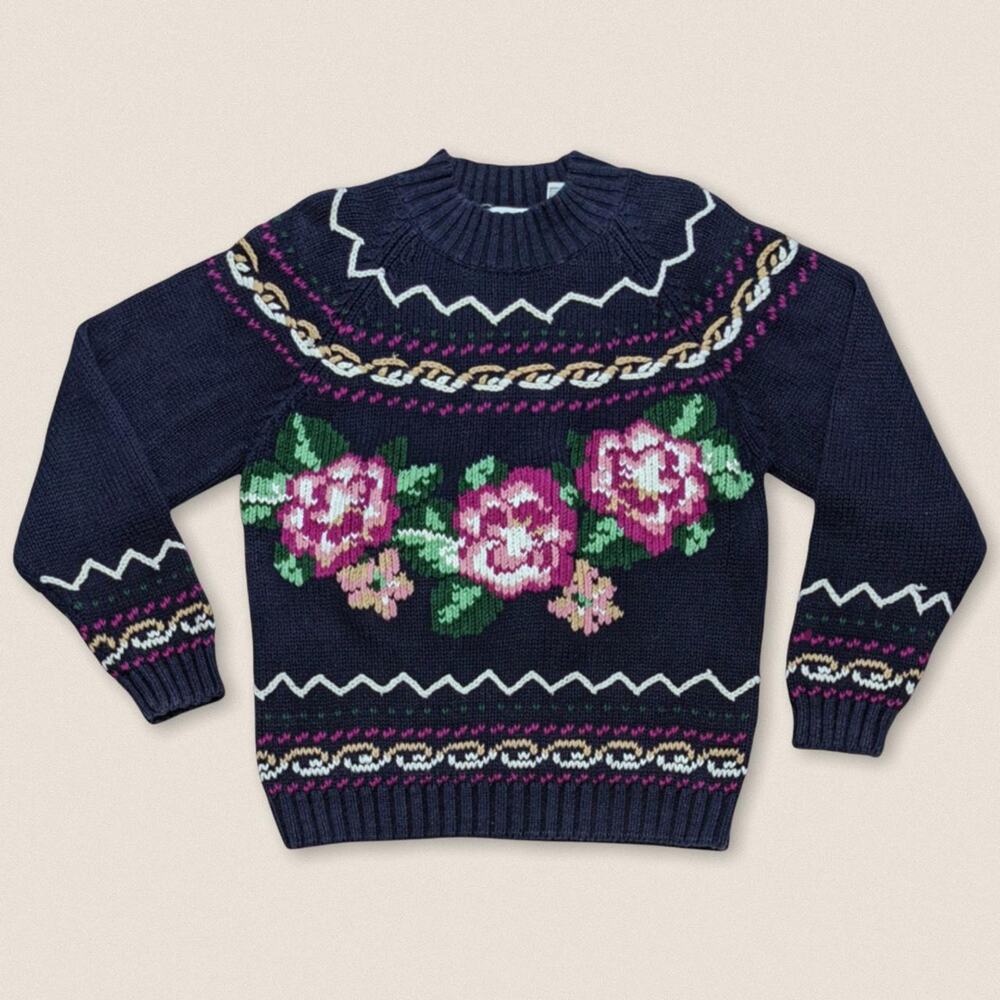 Vintage Floral Knit‎ Grandma Sweater Silvercord - Size Medium